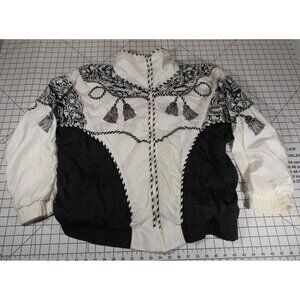 VTG Porto Cruz Womens Nylon Tapestry Tassel Rope Jacket Large 90s Black White